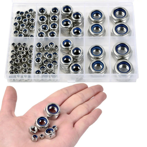 Nylon Insert Lock Nuts Set In 304 Stainless Steel, 140 Piece Assortment For M3 To M12 in transparent case with hand holding nuts