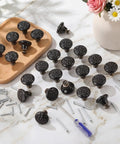 24 Piece Black Ceramic Cabinet Knobs Vintage Round Pulls on marble surface with screws and driver for easy installation.