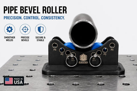 Magnetic Pipe Bevel Roller System for Welding and Fabrication - Smooth 360 Degree Pipe Rotation with Dual Rollers Shown on Table