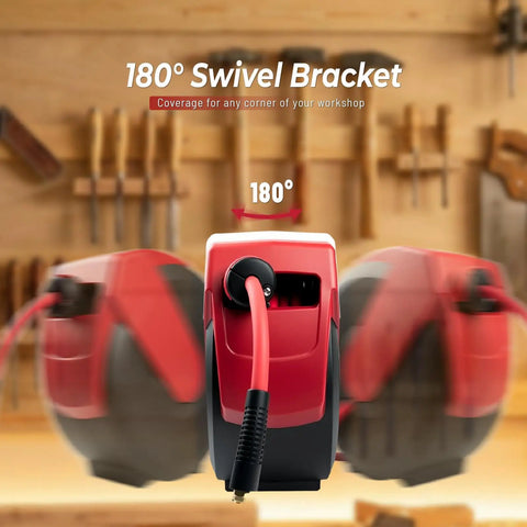 Hella Tough Retractable Air Hose Reel For Garage And Workshop 50 Foot Auto Rewind showing 180° swivel bracket for easy use.