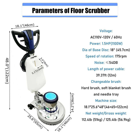Beast Mode Commercial Floor Cleaning Machine With 18 Inch Head, showing dimensions and specifications, 110V industrial use.