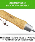 Eco Garden Trowel With Ergonomic Wood Handle 100 Percent Recycled Stainless Steel Blade showing FSC certified handle detail