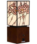 Cherry Blossom Tiffany Style Stained Glass Accent Table Lamp Night Light With USB Ports Wood Cube Base 6 Inch Wide By 15 Inch High