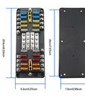 20 Way Blade Fuse Block 16 Circuit Fuse Holder DC Sub Panel With Ground And Cover For SUV Boat Yacht RV Car Marine Truck Trike Vehicle Plug In Ready, detailed view with cover dimensions
