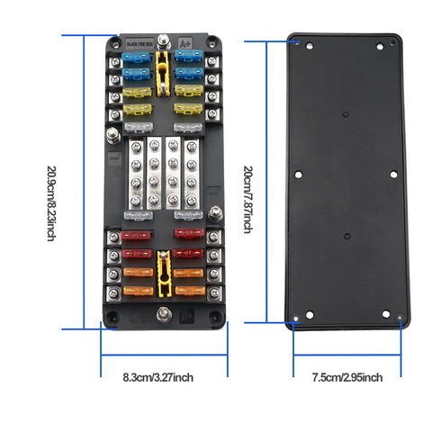 20 Way Blade Fuse Block 16 Circuit Fuse Holder DC Sub Panel With Ground And Cover For SUV Boat Yacht RV Car Marine Truck Trike Vehicle Plug In Ready, detailed view with cover dimensions