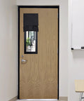 No Drill Classroom Blackout Window Shade For Doors And Windows Stick On Lockdown Shade With Strong Adhesive Straps installed on a door
