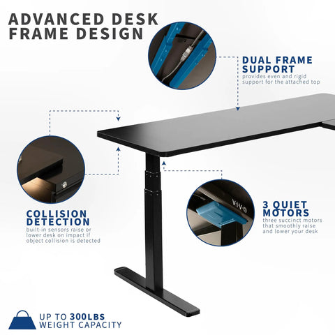 Rocking This VIVO L-Shaped Corner Standing Desk For Your Office Home Setup With Height Adjustable Ergonomic Features Smooth Transition From Sit To Stand Position Massive Workspace Ideal For Productivity And Comfort with advanced dual frame support and quiet motors.