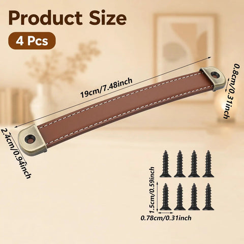 4 Pack Leather Drawer Pulls With Mounting Screws Brown Leather Handles With Zinc Alloy Hardware 7.48 Inch Length 0.94 Inch Width
