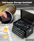 Large Metal Tool Box With Six Drawers And Top Tray, Heavy Duty Steel Chest With Auto Locking Drawers And Side Handles For Garage Shop Workbench, Black, shown open with tools inside.