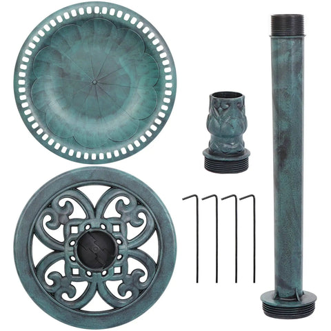 28 Inch Height Polyresin Bird Bath With Antique Verdigris Finish, Weather Resistant Pedestal Garden Decor parts and stakes