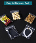 300 Pack 3x4 Inch Clear Zip Bags Reclosable Small Plastic Pouches For Beads Pills Screws Jewelry Packaging Transparent Mini Baggies With Sticker Tags Food Grade Safe displayed with various items inside