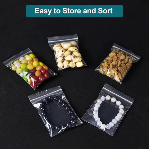 300 Pack 3x4 Inch Clear Zip Bags Reclosable Small Plastic Pouches For Beads Pills Screws Jewelry Packaging Transparent Mini Baggies With Sticker Tags Food Grade Safe displayed with various items inside