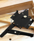 Heavy duty black iron gate hinges with secure latch, easy install for residential gardens and public parks displayed on wood.