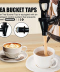 Total Hype Tea Bucket Tap And Outdoor Water Spigot For Coffee Barrels pouring beverage into cups, showcasing the tap's design.