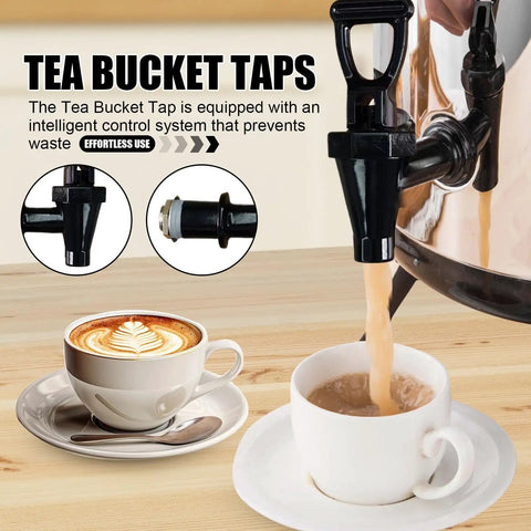 Total Hype Tea Bucket Tap And Outdoor Water Spigot For Coffee Barrels pouring beverage into cups, showcasing the tap's design.
