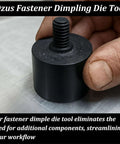 Close-up of beefy dimple die tool for Dzus fasteners, black oxide finish, in a hand, highlighting hex head bolt nut, metal fabrication use