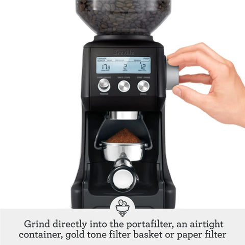 Smart Grinder Pro For Coffee And Espresso In Black Truffle Finish With 60 Settings Dosing IQ Digital Timer Dope Conical Burr Grinder For Fresh Ground Beans And Rich Flavor