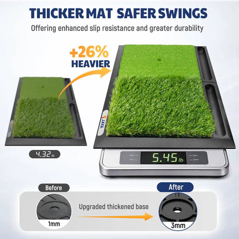 Heavy Duty Golf Hitting Mat With Durable Rubber Base For Stable Indoor And Outdoor Practice shown on a scale with weight and thickness comparison