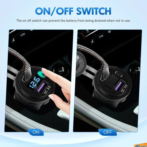 Ride Ready USB PD Type C Car Charger Socket With Digital Voltmeter And Rocker Switch showing on/off switch and voltage display in vehicle.