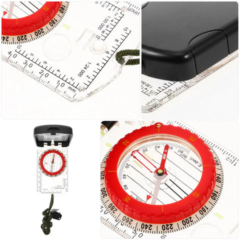 Survival Compass With Scale And Mirror Luminous North Pointer for Hiking Camping And Orienteering with red bezel and ruler