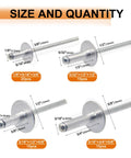 60-Piece Large Flange Aluminum Blind Rivets Kit With Heavy Duty Hand Riveter Tool showing various rivet sizes and quantities
