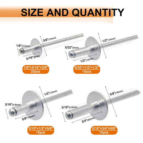 60-Piece Large Flange Aluminum Blind Rivets Kit With Heavy Duty Hand Riveter Tool showing various rivet sizes and quantities