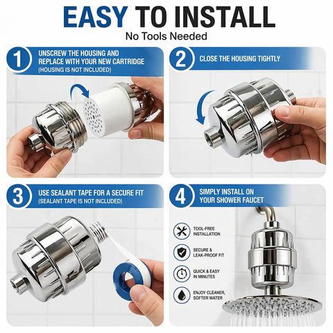 4 Pack 15 Stage Shower Filter Replacement Cartridge For Hard Water Universal Fit High Output Water Softener installation steps