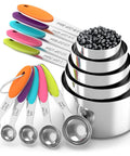 Nesting Measuring Cups And Spoons Set Made Of Stainless Steel With Soft Silicone Handles, 10-piece kitchen accessory, heavy-duty.