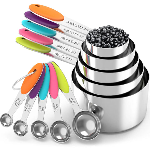 Nesting Measuring Cups And Spoons Set Made Of Stainless Steel With Soft Silicone Handles, 10-piece kitchen accessory, heavy-duty.
