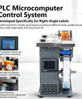 Semi Automatic PLC Corner Labeler Machine With Touch Screen Control For 25To30mm Boxes showing PLC microcomputer control interface and label feed mechanism.