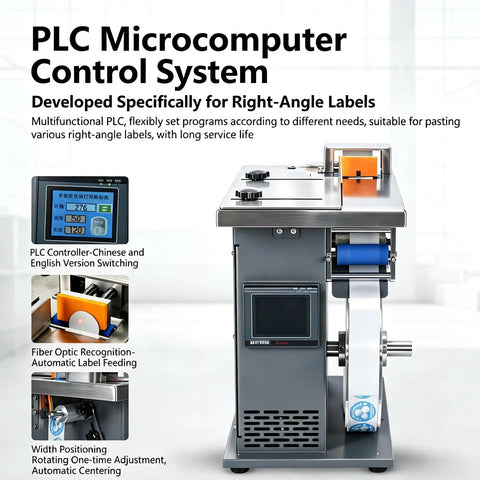 Semi Automatic PLC Corner Labeler Machine With Touch Screen Control For 25To30mm Boxes showing PLC microcomputer control interface and label feed mechanism.