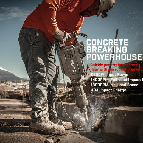 Worker using Workhorse 2800 Watt Electric Demolition Jack Hammer for Concrete Breaking with 1900 Impacts Per Minute and 55 Joules
