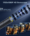 Endoscope Borescope Camera With Light 4.3 Inch HD Handheld Waterproof Sewer Inspection Tool showing 2X optical zoom with lenses and gears