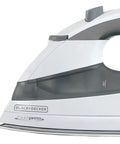 Close-up of Quickpress Iron With Smart Steam Technology Auto Adjusts Steam By Fabric Setting, featuring nonstick stainless steel soleplate.