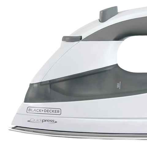Close-up of Quickpress Iron With Smart Steam Technology Auto Adjusts Steam By Fabric Setting, featuring nonstick stainless steel soleplate.