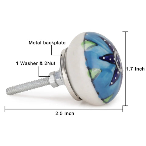 Side view of a blue flower-patterned knob from Multicolor Ceramic Cabinet Knob Set Pack Of 20 For Kitchen Cupboards Wardrobe And Dresser Drawers Boho Room Decor Adds A Pop Of Color And Personal Style To Your Furniture Hardware, showing size and metal hardware detail.