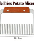 Front view of stainless steel crinkle-cut fry slicer with wooden handle; 18.3 cm wide