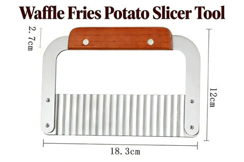 Front view of stainless steel crinkle-cut fry slicer with wooden handle; 18.3 cm wide