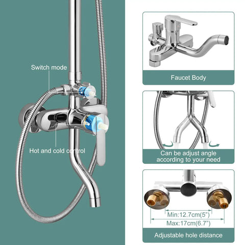 Exposed Chrome Shower System With 8 Inch Rainfall Shower Head, Round Bathroom Fixture, ABS Handheld Sprayer, Adjustable Slide Bar