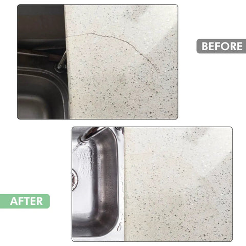 Before and after using Marble Granite Repair Kit Pro Grade Color Match DIY Epoxy Resin Tint For Marble Granite Quartz And Corian Countertops Tiles Restore Chips Cracks And Holes In Brown Gray White Beige Black Cream Yellow And More on a kitchen countertop showcasing noticeable repair of a crack.