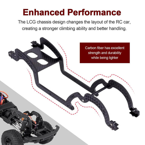 Beefy Carbon Fiber Chassis Kit For 1/18 TRX4M Bronco Defender Crawler with multiple shock mount points shown in diagram