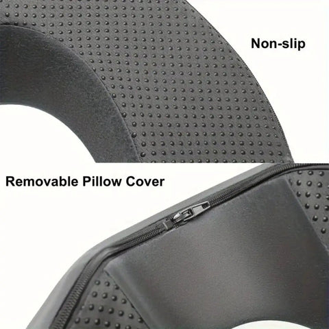 Close-up of black non-slip surface and removable cover of Breathe Easy Face Down Pillow For Eye Surgery Recovery Memory Foam Prone Sleep Support With Cheek Ventilation And Arm Hugging Zones Compact Travel Neck Pillow For Office Naps Beauty And On The Go Comfort