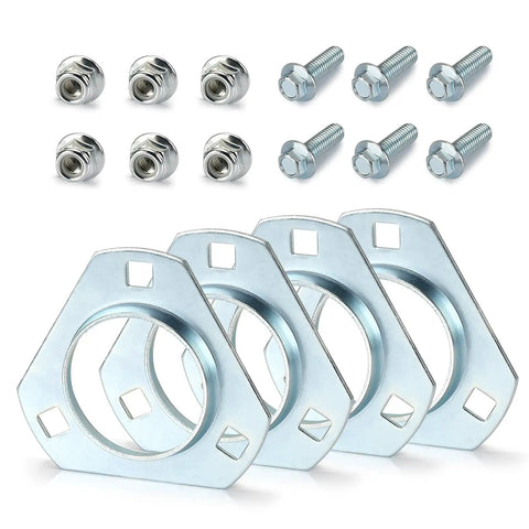 1 Inch Live Axle Bearing Kit For Go Karts Mini Bikes Trikes And Off Road ATVs With 3 Hole Flangette Mount Hangers shown with bolts and nuts