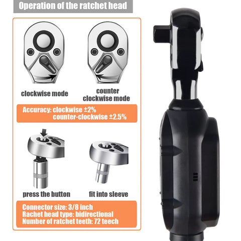 Digital Torque Wrench With 5 To 35mm Open End Head, Adapter Kit Included. Image showing ratchet head operation and specifications.