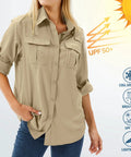 Woman wearing Women's UPF 50 Long Sleeve Safari Shirt For All Day Outdoorsy Adventures With Quick Dry Moisture Wicking Tech Lightweight And Stain Resistant Fabric Great For Fishing Hiking Travel In Khaki Size M, showcasing sun protection, pocket details, and breathable fabric.