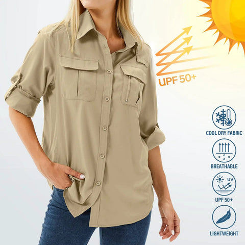 Woman wearing Women's UPF 50 Long Sleeve Safari Shirt For All Day Outdoorsy Adventures With Quick Dry Moisture Wicking Tech Lightweight And Stain Resistant Fabric Great For Fishing Hiking Travel In Khaki Size M, showcasing sun protection, pocket details, and breathable fabric.