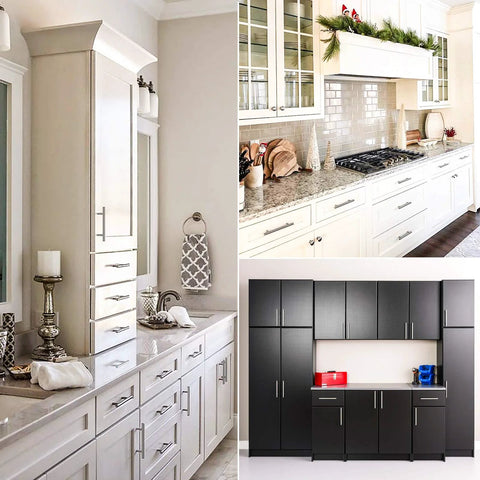 Kitchen cabinets with Brushed Satin Nickel Cabinet Hardware Set With 36 Handles 26 Pulls And 10 Knobs For Doors And Drawers Three And Three Quarter Inch Hole Center Stainless Steel Versatile Kitchen And Cabinet Upgrade.