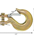 Five Sixteenth Inch Clevis Slip Hooks With Latch Six Pack Forged G70 Steel Heavy Duty Chain Grab Hooks For Truck And Trailer Winch Opening Three Quarter Inch With 14000 Pound Capacity Yellow Zinc Chromate Finish shown in side view