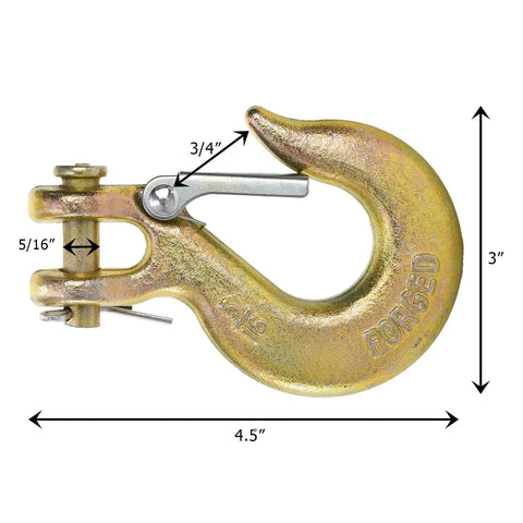 Five Sixteenth Inch Clevis Slip Hooks With Latch Six Pack Forged G70 Steel Heavy Duty Chain Grab Hooks For Truck And Trailer Winch Opening Three Quarter Inch With 14000 Pound Capacity Yellow Zinc Chromate Finish shown in side view