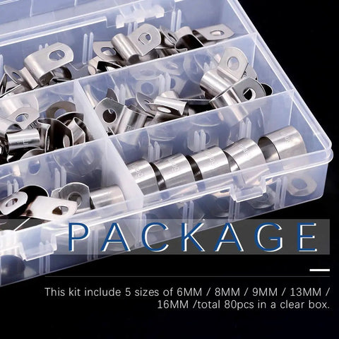 Beefy Stainless Steel Cable Clamp Set 80 Pcs In Five Sizes displayed in a clear storage box.